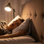 Woman sleeping on a bed at night with her mouth open. Sleep apnea, snoring, or a bad night's rest concept. Healthy habit.
