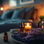 A serene bedside setup featuring a lavender sachet, essential oils, and a flickering candle, designed to enhance relaxation and sleep quality